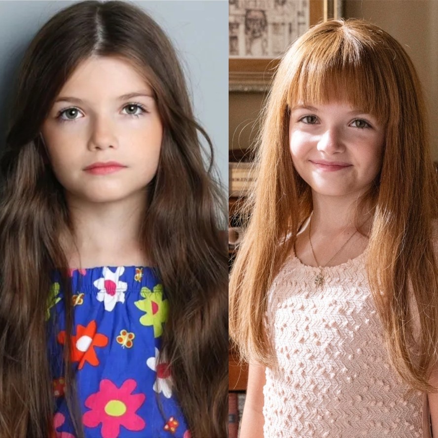 Antes e depois de Alice Camargo caracterizada como Preciosa na infância, personagem de Marina Ruy Barbosa