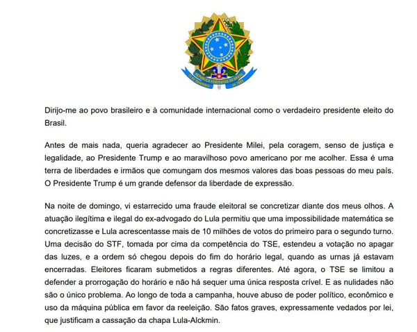 Primeira versão da carta assinada por Flávio Bolsonaro — Foto: Reprodução