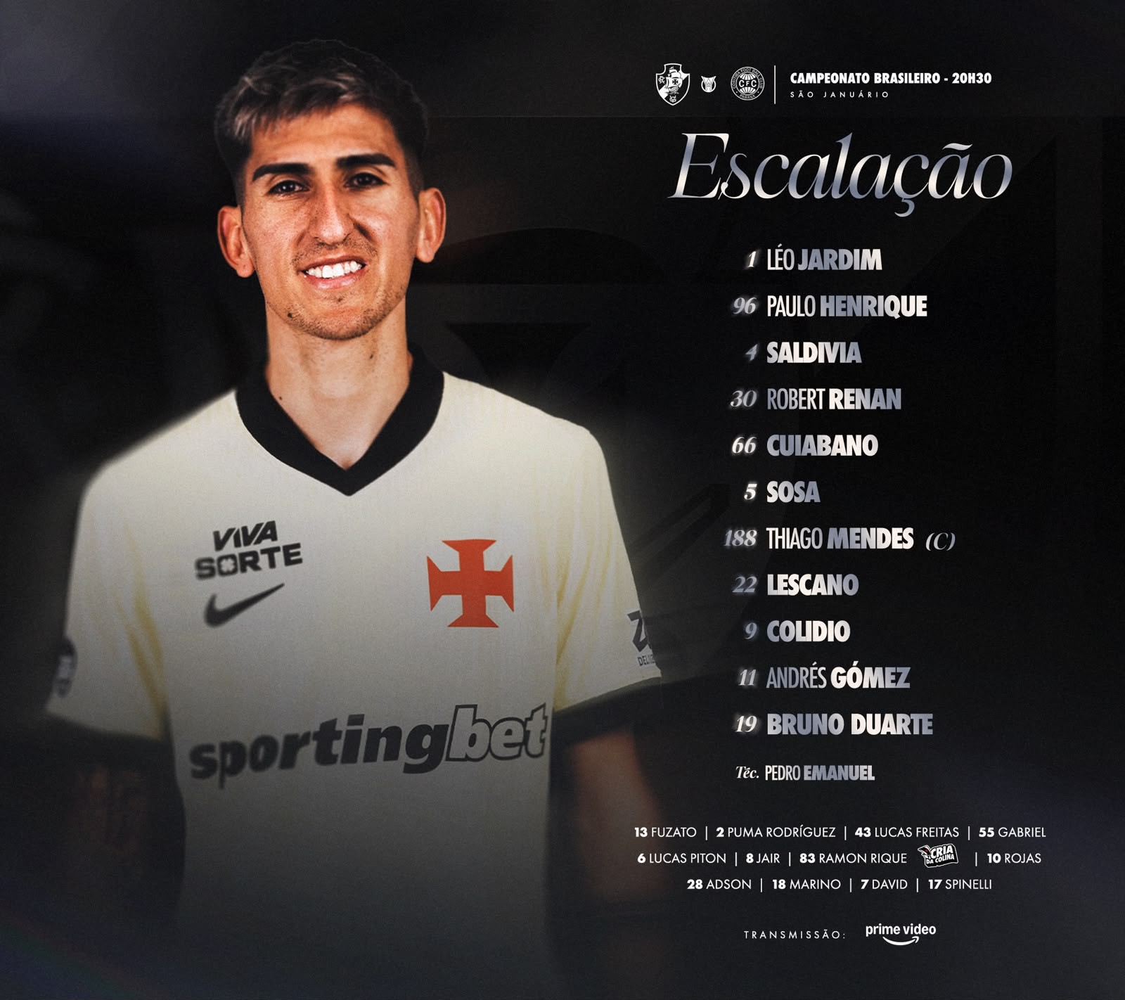 Com Lescano titular, Vasco divulga escalação para duelo com Coritiba, em São Januário