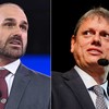 O deputado federal licenciado Eduardo Bolsonaro (PL-SP) e o governador de São Paulo, Tarcísio de Freitas (Republicanos) - Fotos de Saul Loeb/AFP e Pablo Jacob/Governo de São Paulo