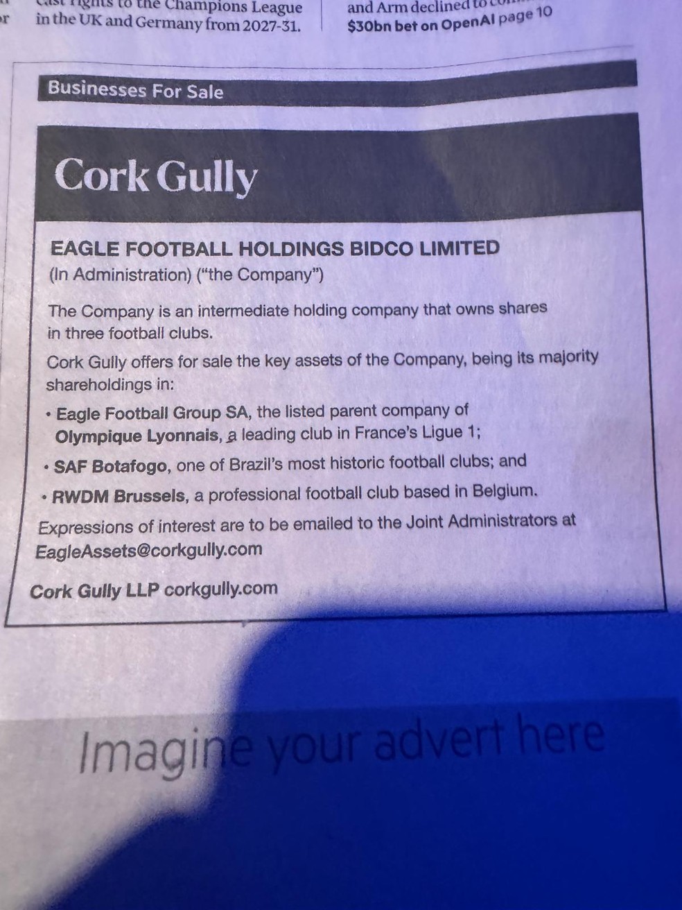 An&uacute;ncio da Eagle coloca SAF do Botafogo &agrave; venda no Financial Times &mdash; Foto: Coluna do Lauro Jardim