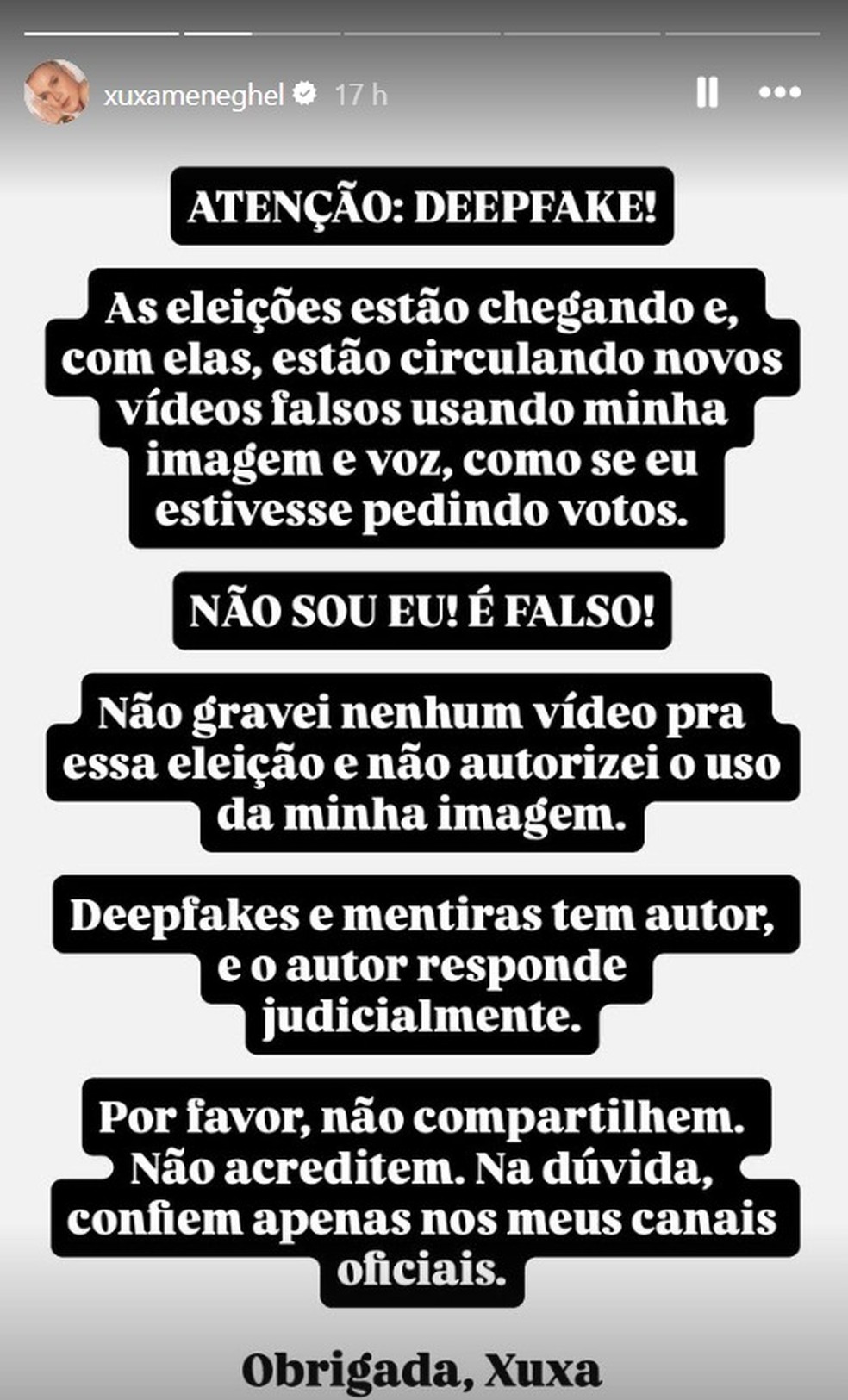 Xuxa denuncia v&iacute;deos falsos que pedem votos com sua imagem &mdash; Foto: Reprodu&ccedil;&atilde;o/Redes Sociais