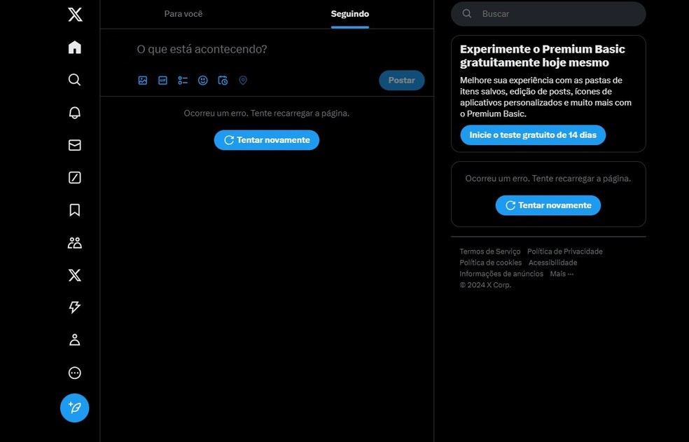 O feed de publicações, em alguns casos, chega a iniciar um carregamento, mas não é concluído, não sendo possível visualizar novas postagens, tampouco fazer publicações — Foto: Reprodução