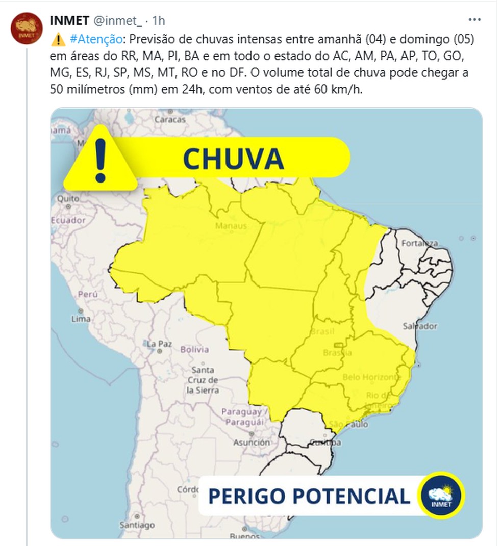 Previsão do Inmet para primeiro fim de semana de 2025 — Foto: Reprodução/X