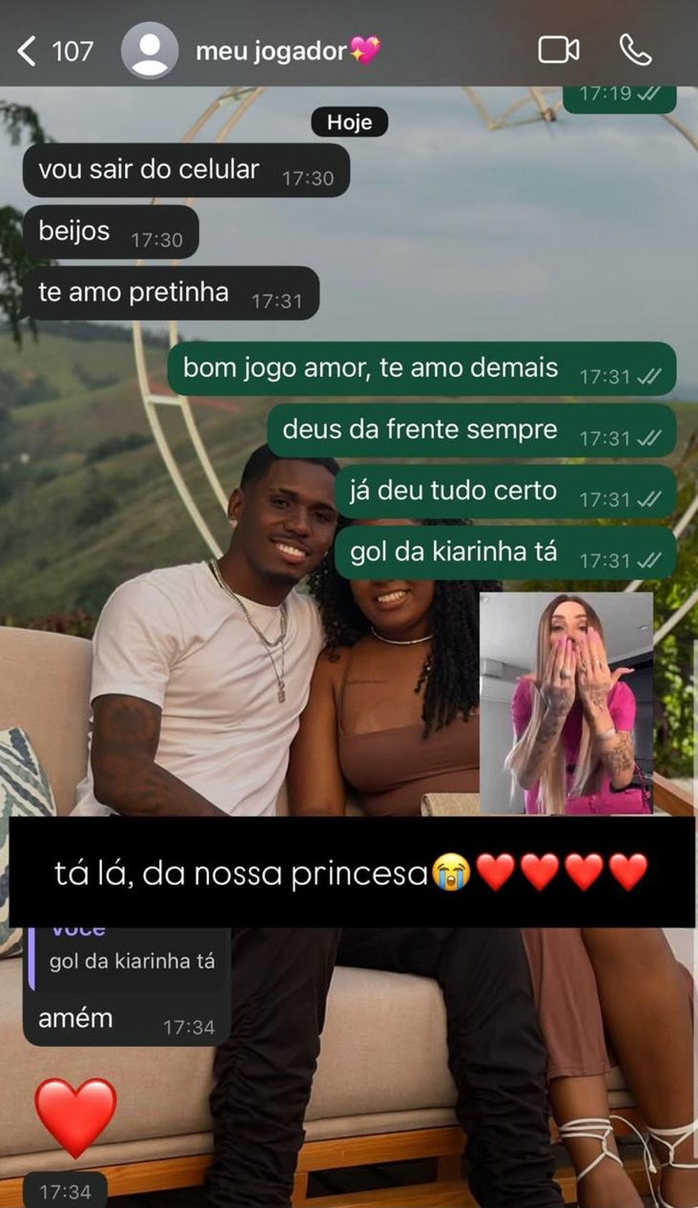 Evertton Araújo, antes do jogo, recebeu cobrança por gol à filha Kiara — Foto: Reprodução / Instagram