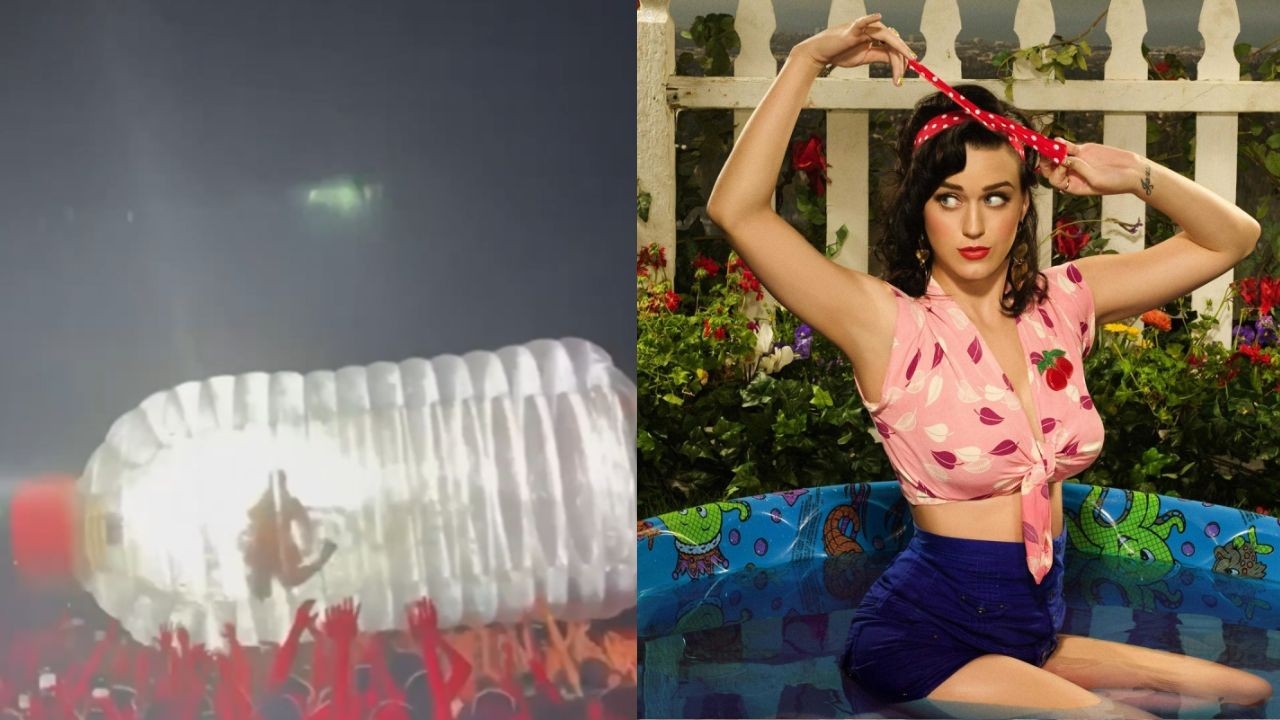 Katy Perry 'surfa' sobre multidão dentro de garrafa gigante em estreia de nova turnê na Espanha; vídeo