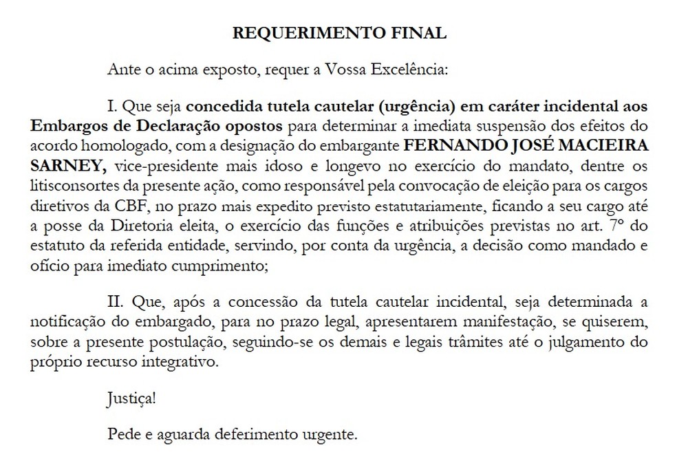 Trecho da petição ao TJ que pede afastamento de Ednaldo da CBF — Foto: Reprodução