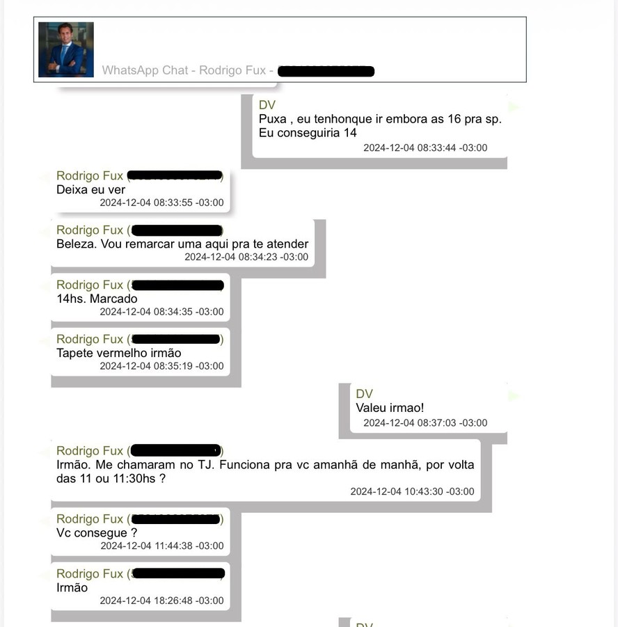 Mensagens entre Rodrigo Fux e Vorcaro