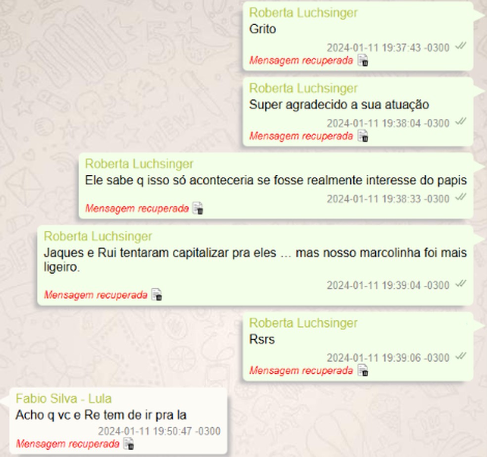 'Ele sabe q isso só aconteceria se fosse realmente interesse do papis', responde Roberta Luchsinger a Lulinha sobre Leo Slezynger ter pedido nova reunião com o presidente Lula. 'Jaques e Rui tentaram capitalizar para eles… Mas nosso Marcolinha foi mais ligeiro' — Foto: Reprodução