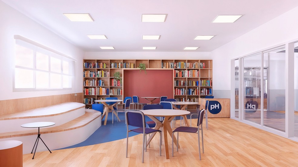 A biblioteca da nova unidade do pH, no Ilha Pura — Foto: Divulgação