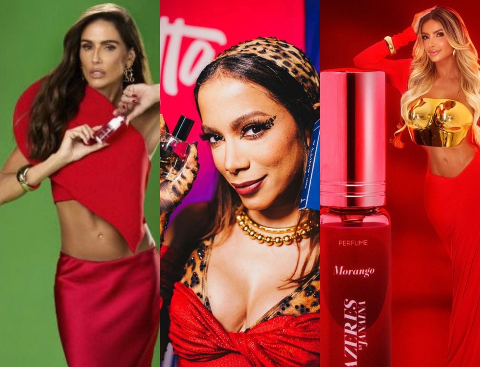 Deborah Secco, Anitta e Janaína Prazeres em campanhas de lançamento de seus perfumes íntimos — Foto: Divulgação