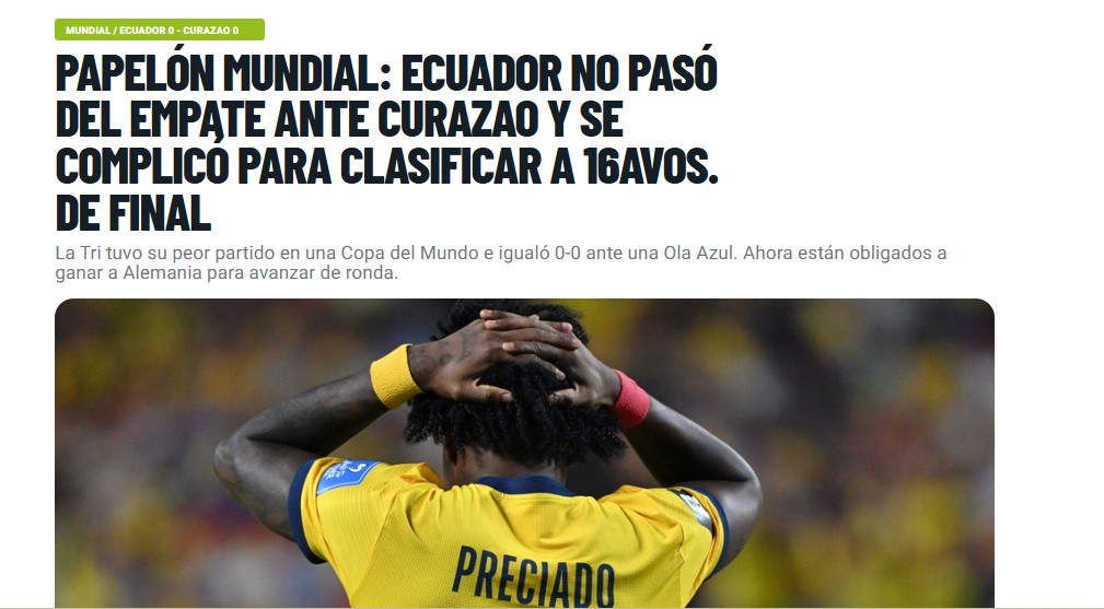 Imprensa equatoriana critica empate de seleção com Curaçao: 'Papelão mundial'