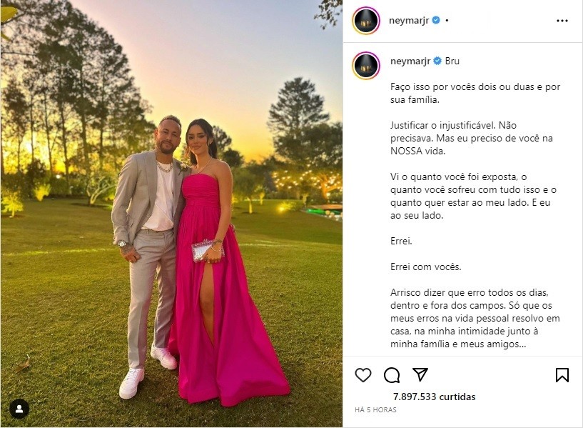 Neymar pediu desculpas para Bruna Biancardi após notícias sobre traição  — Foto: Reprodução / Instagram 
