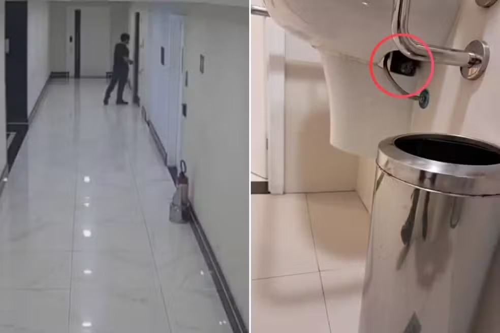Câmera registra homem escondendo celular em banheiro feminino de prédio comercial em Santos