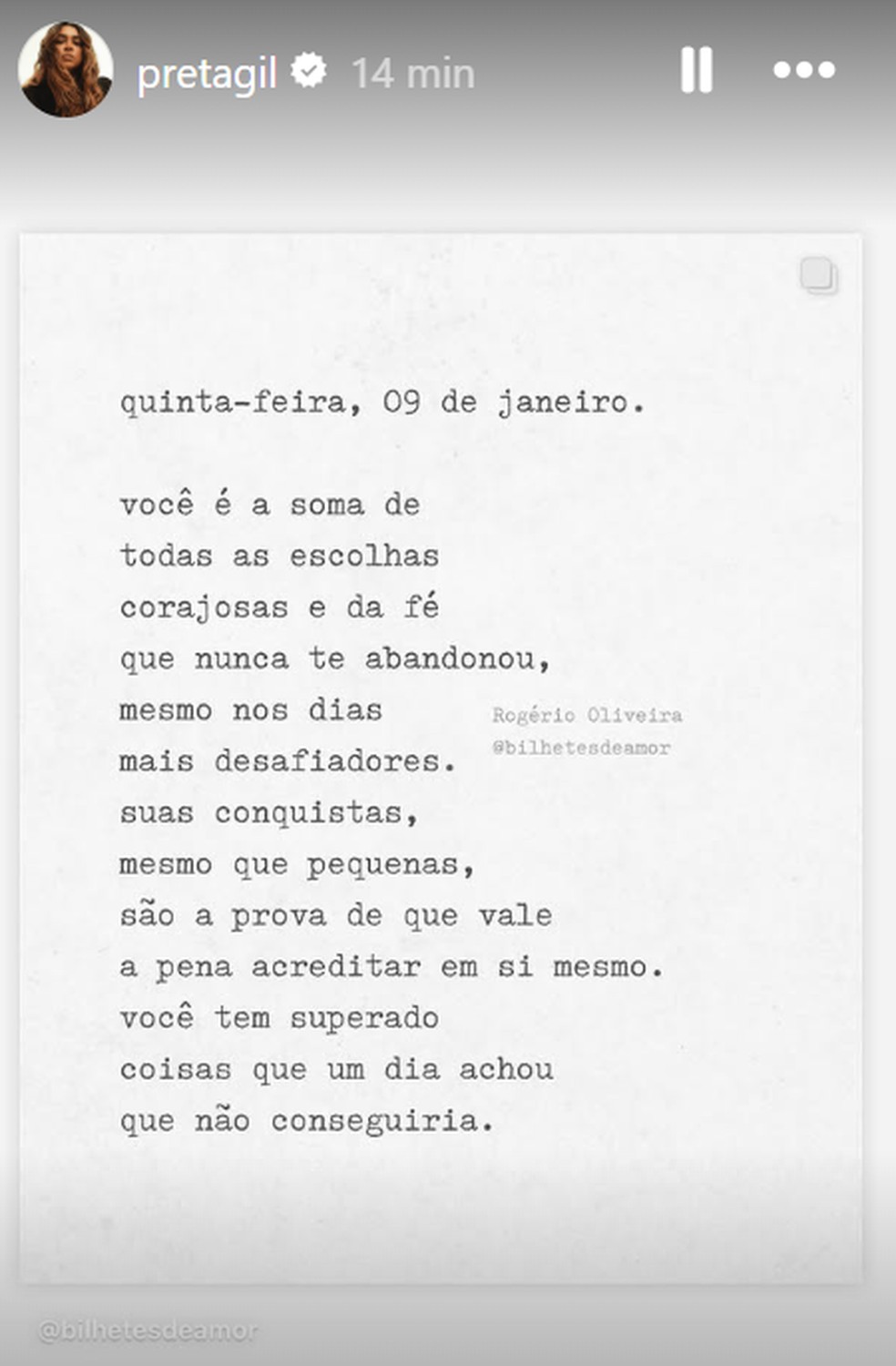 Poema compartilhado por Preta Gil no Instagram — Foto: Reprodução/Instagram