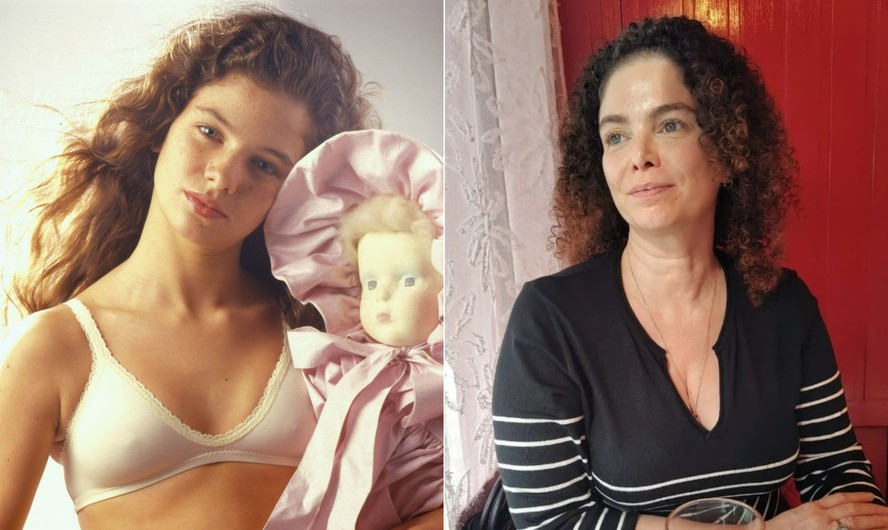 Patrícia Lucchesi: à esquerda, em 1987, no comercial 'Meu primeiro sutiã'; à direita, hoje