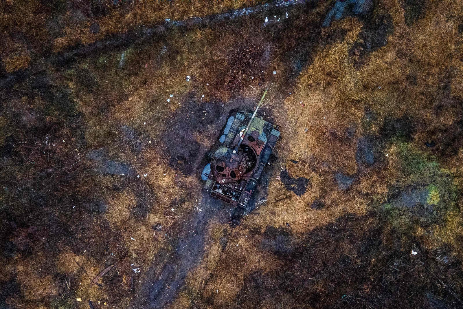 Tanque destruído em um campo na vila de Kamenka, região de Kharkiv. Aumenta a pressão por um cessar-fogo depois de 1 ano de guerra na Ucrânia — Foto: IHOR TKACHOV/AFP