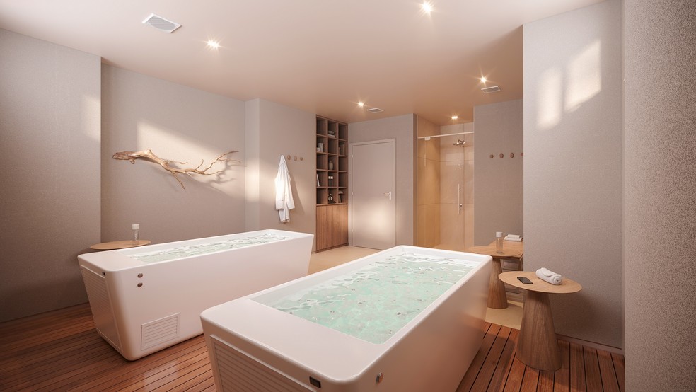 Espaço recovery, com piscina de gelo, e SPA com jacuzzi e piscina de hidromassagem nas áreas comuns — Foto: STUDIO TRIM/ILHA PURA/DIVULGAÇÃO