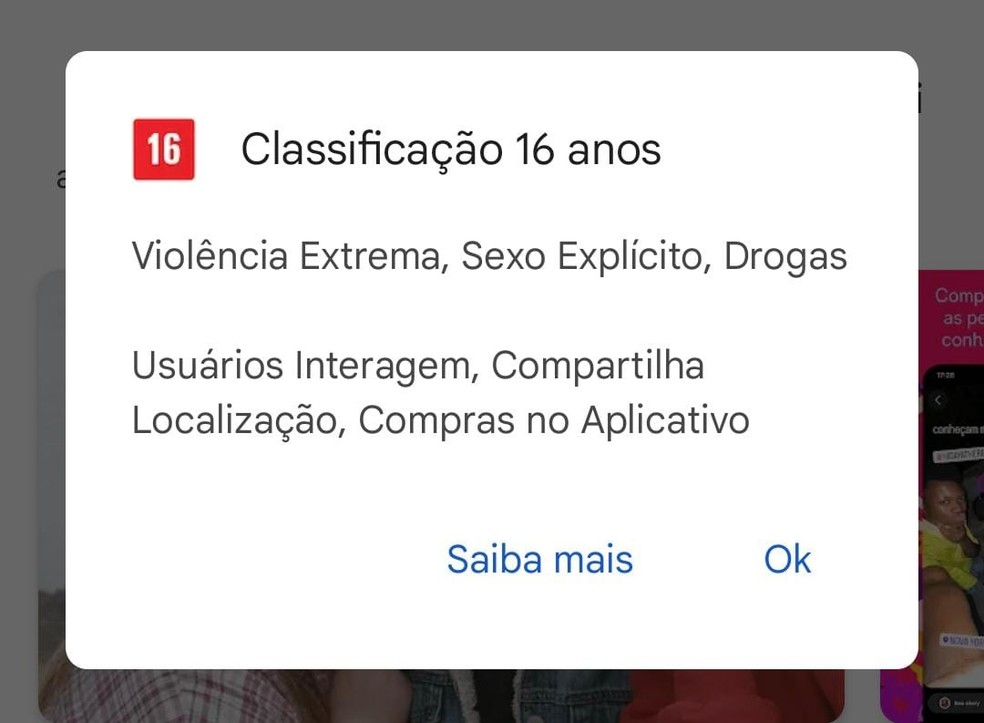 Classificação indicativa do Instagram em loja virtual do Google — Foto: Reprodução