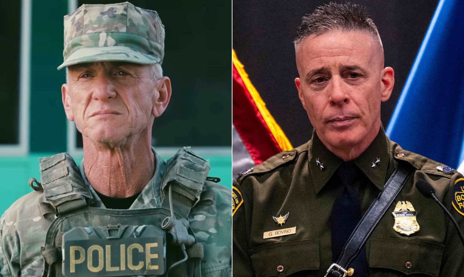 O ator Sean Penn (à esquerda) em cena do filme 'Uma batalha após a outra' e o agente policial dos EUA Greg Bovino — Foto: Divulgação e Stephen Maturen/Divulgação