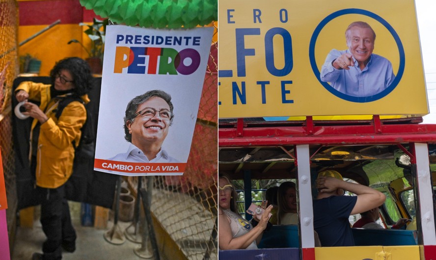 Uma apoiadora de Petro prepara material para um comício em Bogotá (à esquerda), enquanto um veículo de campanha de Hernández roda em Bucaramanga