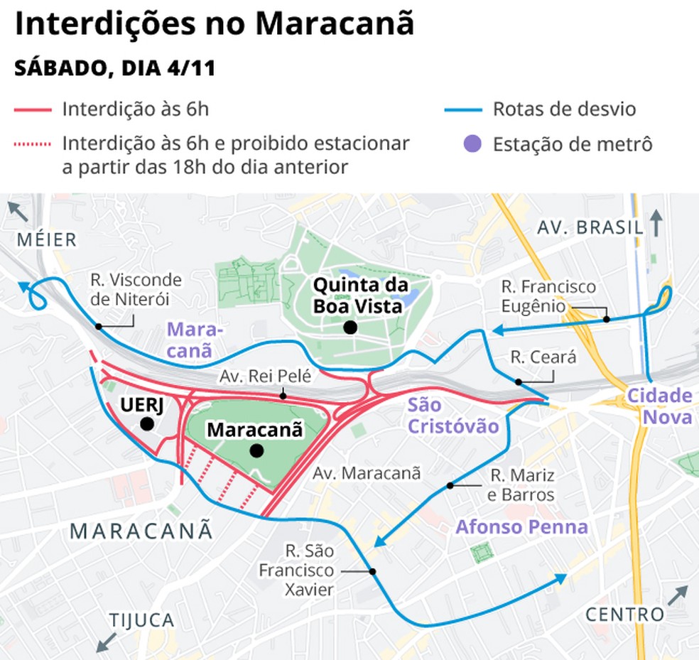 Entorno do Maracanã com interdições no dia da final da Libertadores — Foto: Editoria de Arte