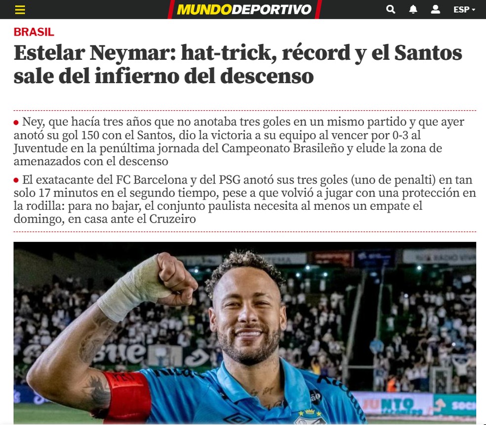 Mundo Deportivo, da Espanha, destaca atuação de Neymar — Foto: Reprodução