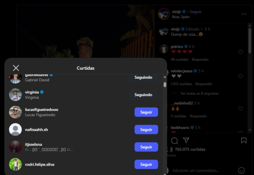 Curtida de Virgínia Fonseca em post de Vini Jr. levanta suspeitas de affair — Foto: Reprodução Instagram