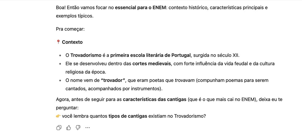 Exemplo de resposta do "Modo Estudo", do ChatGPT — Foto: Reprodução/ChatGPT