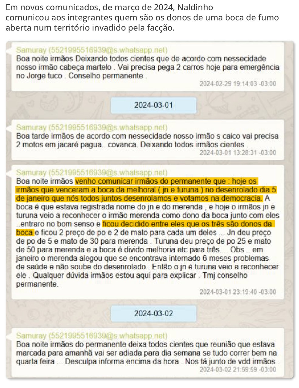 Comunicado de Naldinho aos integrantes do CV, enviado no dia 22 de fevereiro e obtido com exclusividade pelo GLOBO — Foto: Editoria de Arte