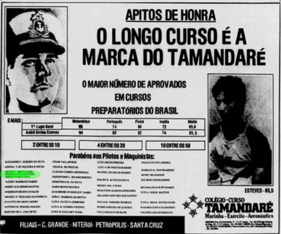 Anúncio do curso Tamandaré no "Jornal dos Sports" em 1986: André Esteves aparece na foto à direita — Foto: Reprodução