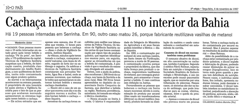 Reportagem sobre os 11 mortos por cachaça com metanol em Serrinha — Foto: Acervo O GLOBO