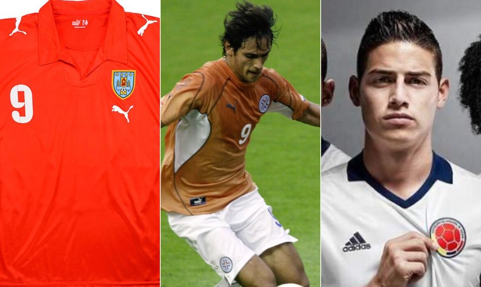 Uniformes alternativos de Uruguai, Paraguai e Colômbia — Foto: Reprodução, Divulgação/Fifa e Divulgação/Adidas