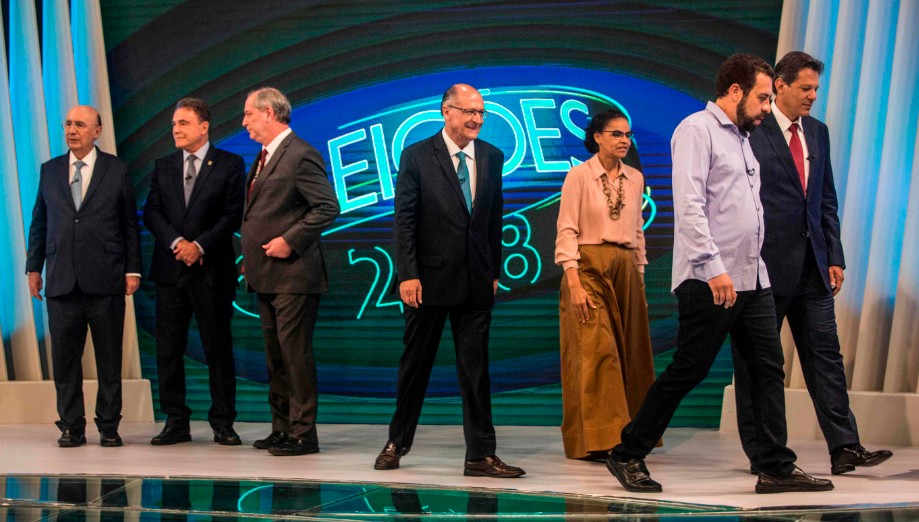 Debate: Henrique Meirelles, Alvaro Dias, Ciro Gomes, Geraldo Alckmin, Marina Silva, Guilerme Boulos e Fernando Haddad na Globo, em 2018 — Foto: Arquivo/AFP