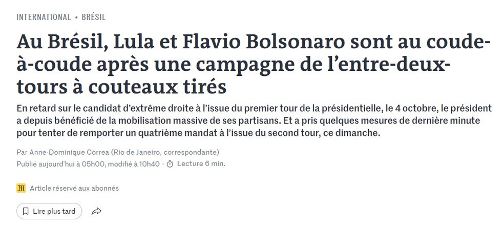 Jornal francês Le Monde destaca disputa acirrada entre Lula e Flávio Bolsonaro após campanha de segundo turno marcada por ataques e mobilização de apoiadores — Foto: Reprodução