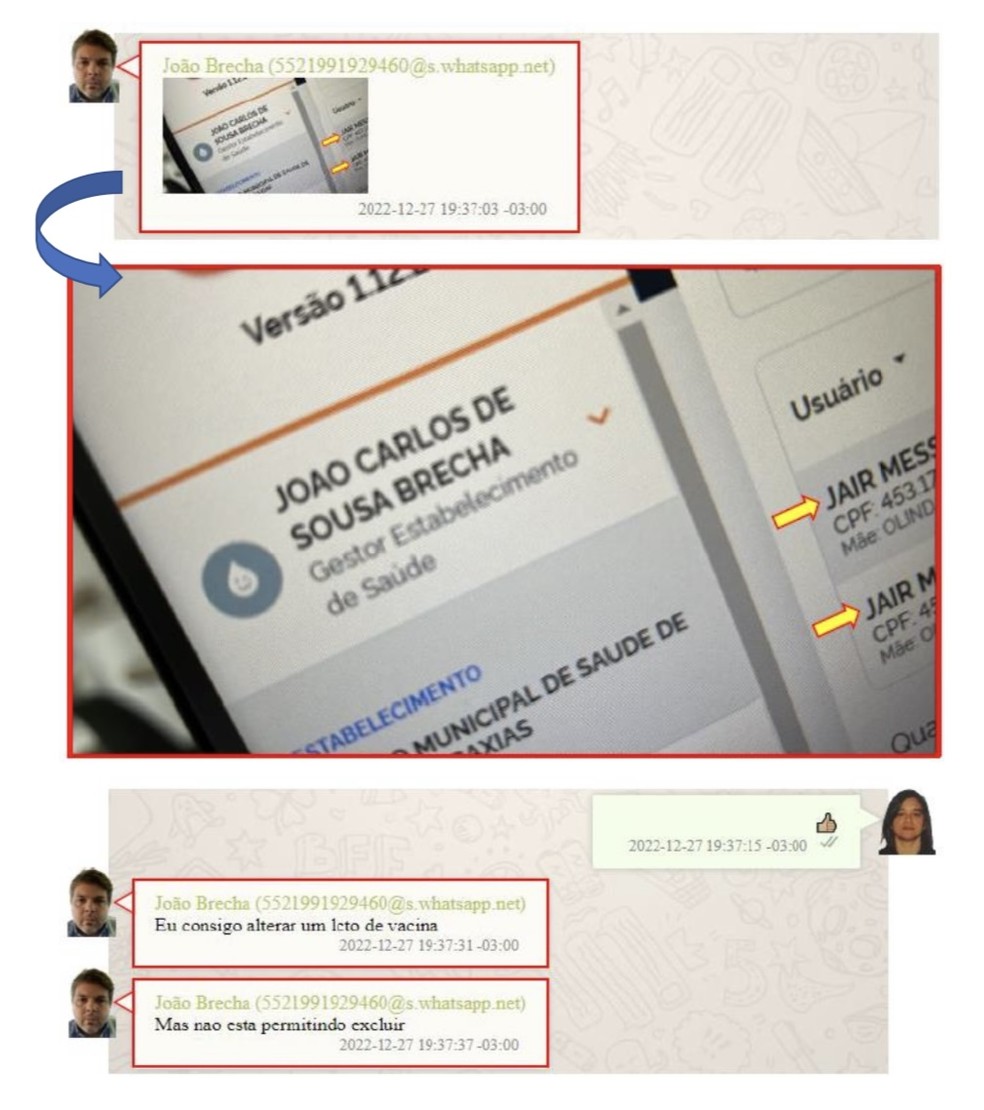 Mensagem enviada pelo secretário João Brecha a uma servidora da prefeitura de Caxias — Foto: Reprodução