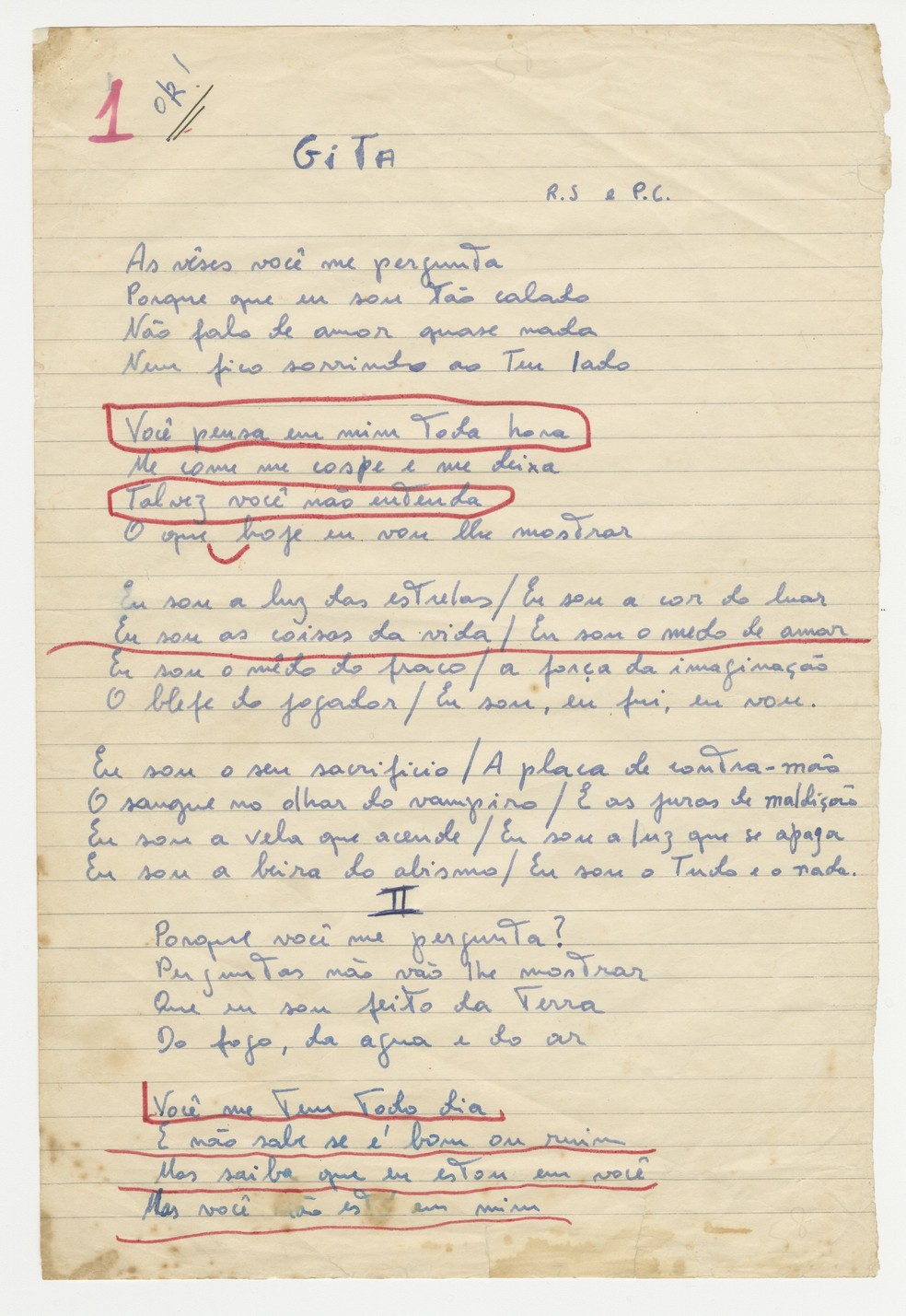 Manuscrito da letra da mesma canção "Gîtâ", de Raul Seixas e Paulo Coelho — Foto: Cinthia Bueno/ MIS-SP/ Acervo de Kika Seixas