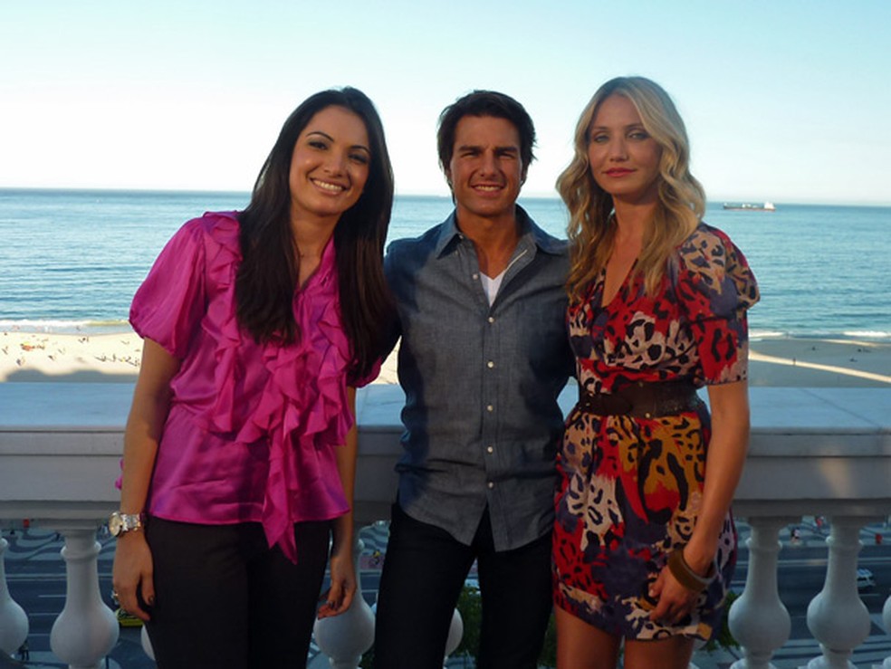 Patricia Poeta com Tom Cruise e Cameron Diaz — Foto: TV Globo