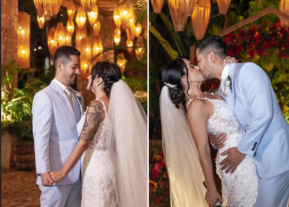 Fábio Toshiro e Bruna Villarinho em fotos de seu casamento, em Guaratiba, no Rio — Foto: Casal Marinho/Divulgação