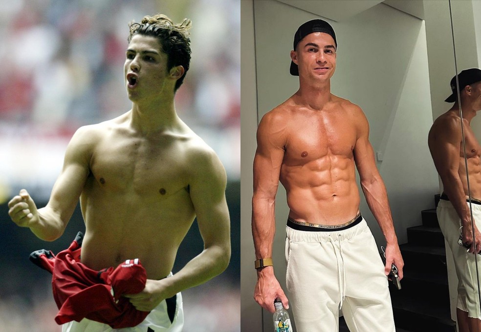 Antes e depois do jogador de futebol Cristiano Ronaldo — Foto: Getty Images / Instagram