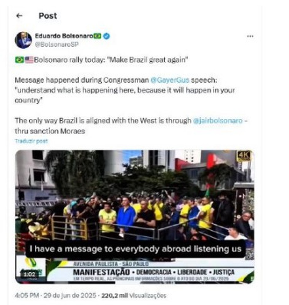 Em rede social, Eduardo Bolsonaro pede sanção a Moraes — Foto: Reprodução
