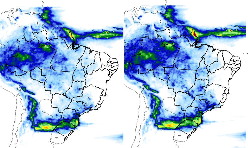 Amount of rain expected for the last hours of December 31 (left) and for the first hours of the new year (right) — Photo: Reproduction: Inpe