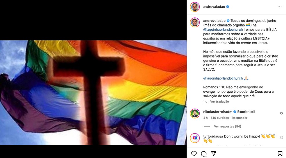 Pastor André Valadão convida fieis para cultos sobre o Mês do Orgulho LGBTQIA+ — Foto: Reprodução/Redes sociais
