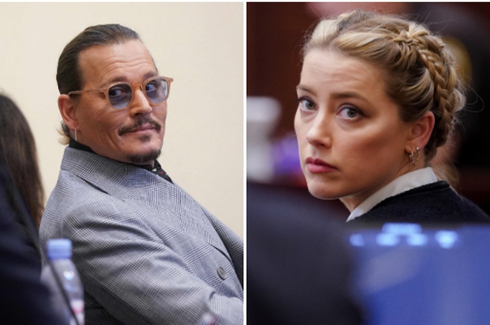 Fotos de Johnny Depp e Amber Heard no Tribunal do Condado de Fairfax, na Virgínia, EUA, em 19 de maio de 2022 — Foto: Shawn Thew / AFP