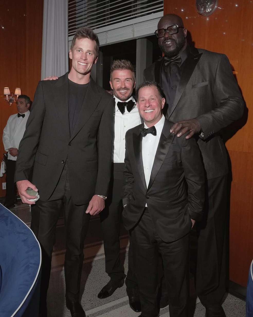 Tom Brady e Shaquille O'Neal na festa de Beckham — Foto: Reprodução