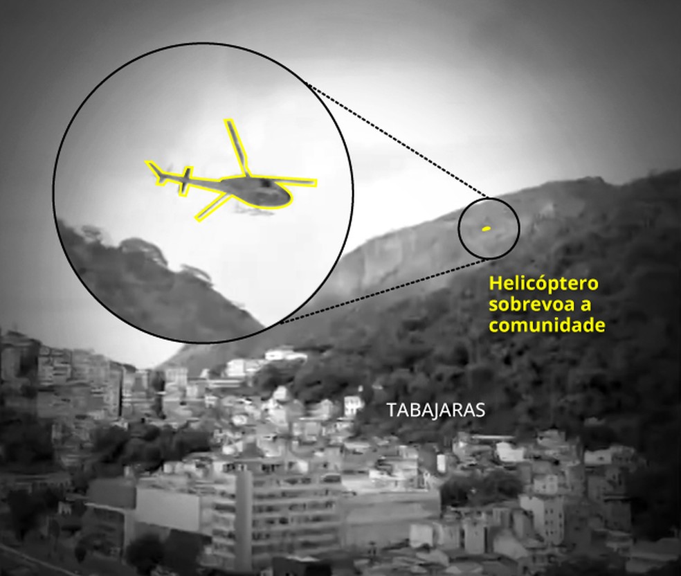Helicóptero da polícia ronda a favela e arredores do bairro — Foto: Reprodução