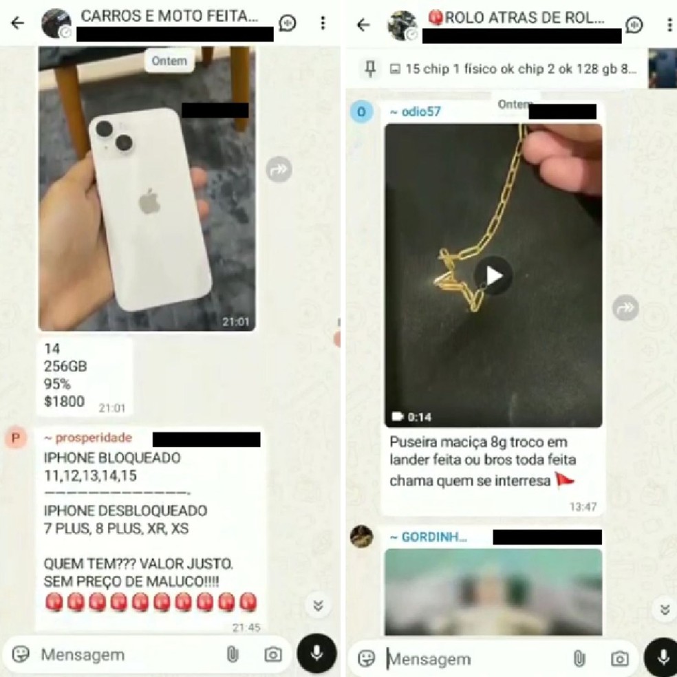 Celulares e joias de ouro são anunciadas nos grupos — Foto: Reprodução