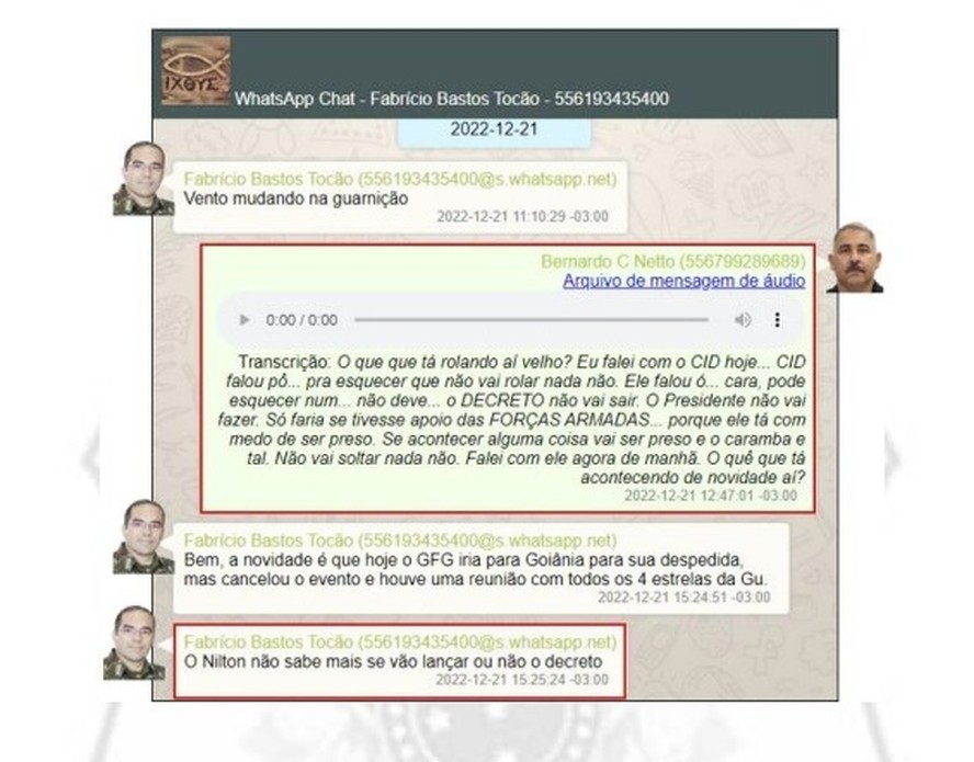 Reprodução do relatório mostra troca de mensagens entre militares