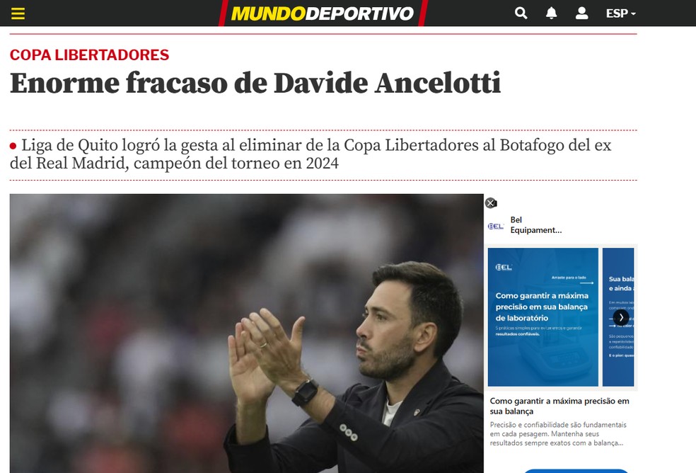 Mundo deportivo, da Espanha, reflects Eliminação Dobotafogo -foto: reprodução