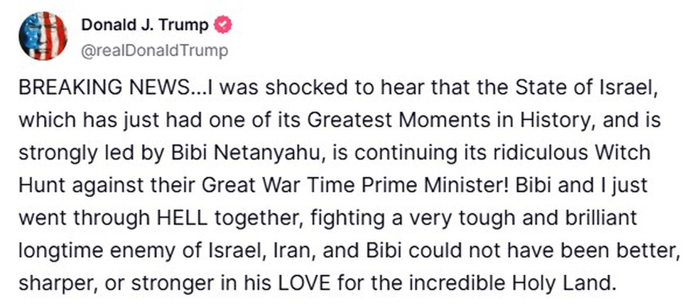 Início da publicação de Donald Trump em apoio a Benjamin Netanyahu — Foto: Reprodução